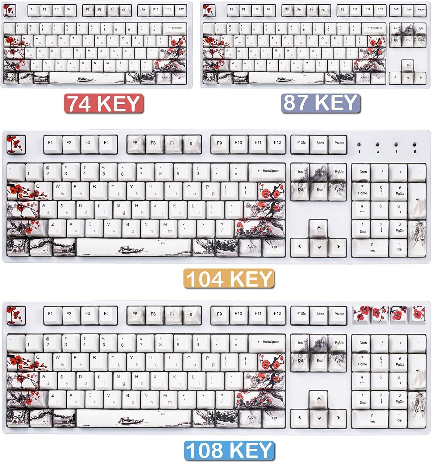 Keycaps 110 Set for Full Size Mechanical Keyboard, Custom PBT OEM Profile Key Caps Japanese Style with Keycap Puller for Cherry MX 104/87/71/61 60 Percent Keyboard(Plum Blossom)