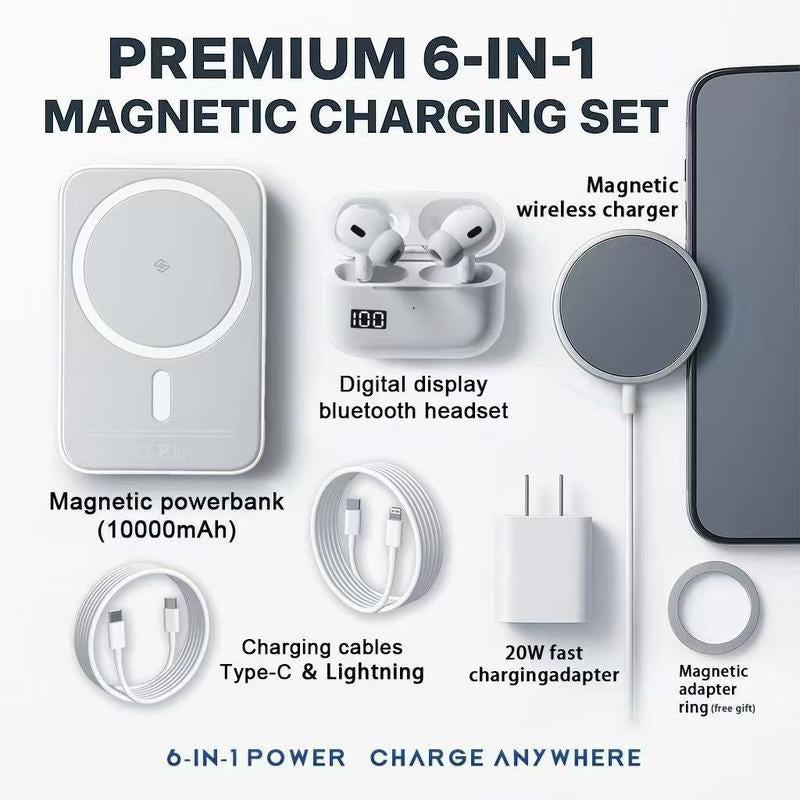 6-In-1 Fast Charging Kit – 10,000 Mah Mag Power Bank + Wireless Charger & Type-C Cable