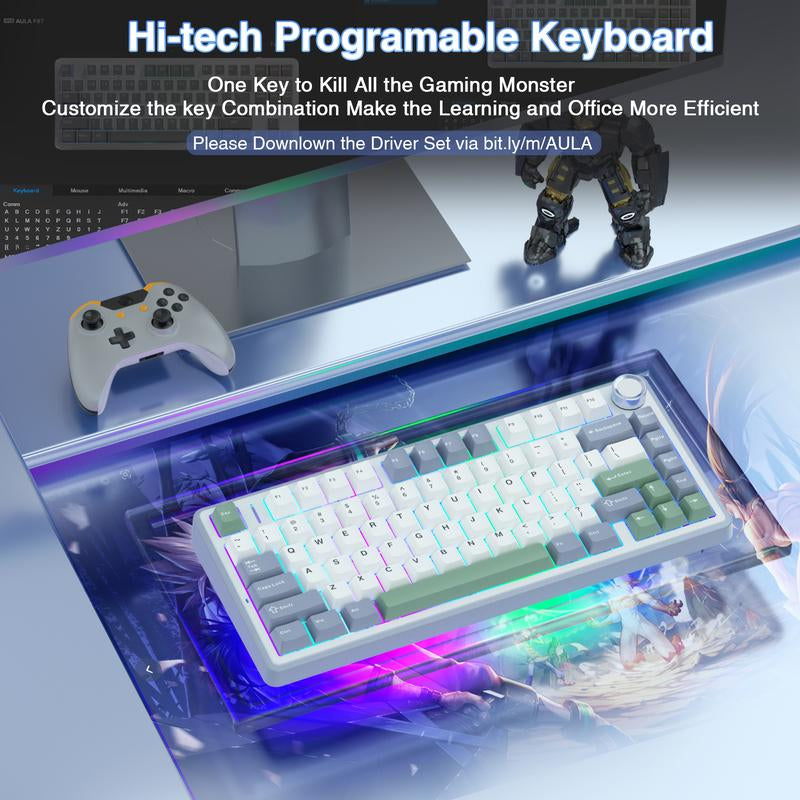 Official AULA F75 75% Wireless Mechanical Gaming Keyboard with Hot Swappable Tri-Mode USB Charging Keyboard RGB Rainbow Backlight Knob Control Gaming Cream Keyboard Budget Keyboard Bluetooth Office PC Accessories Tiktokshopfalldealsforyou
