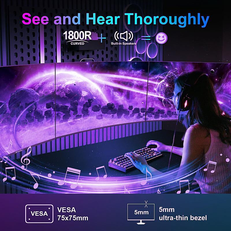 24" Curved Gaming Monitor - 180Hz,1Ms,1920*1080P,Ultra-Thin,Speakers,Low Latency,Eye Protection,Vesa,Perfect for Esports and Competitive Gaming