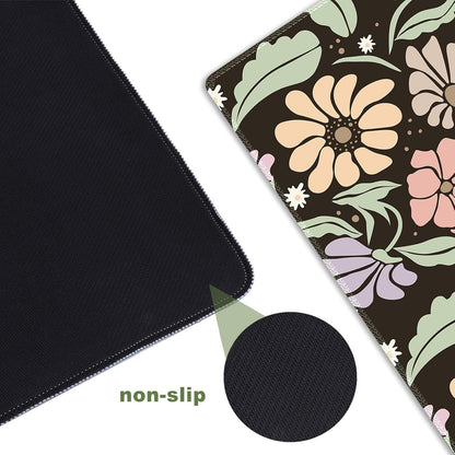 Black Large Desk Mat,Xxl Gaming Mouse Pad,Non Slip Desk Pad with Rubber Base,Floral Extended Keyboard Mat with Stitched Edges for Office Home School