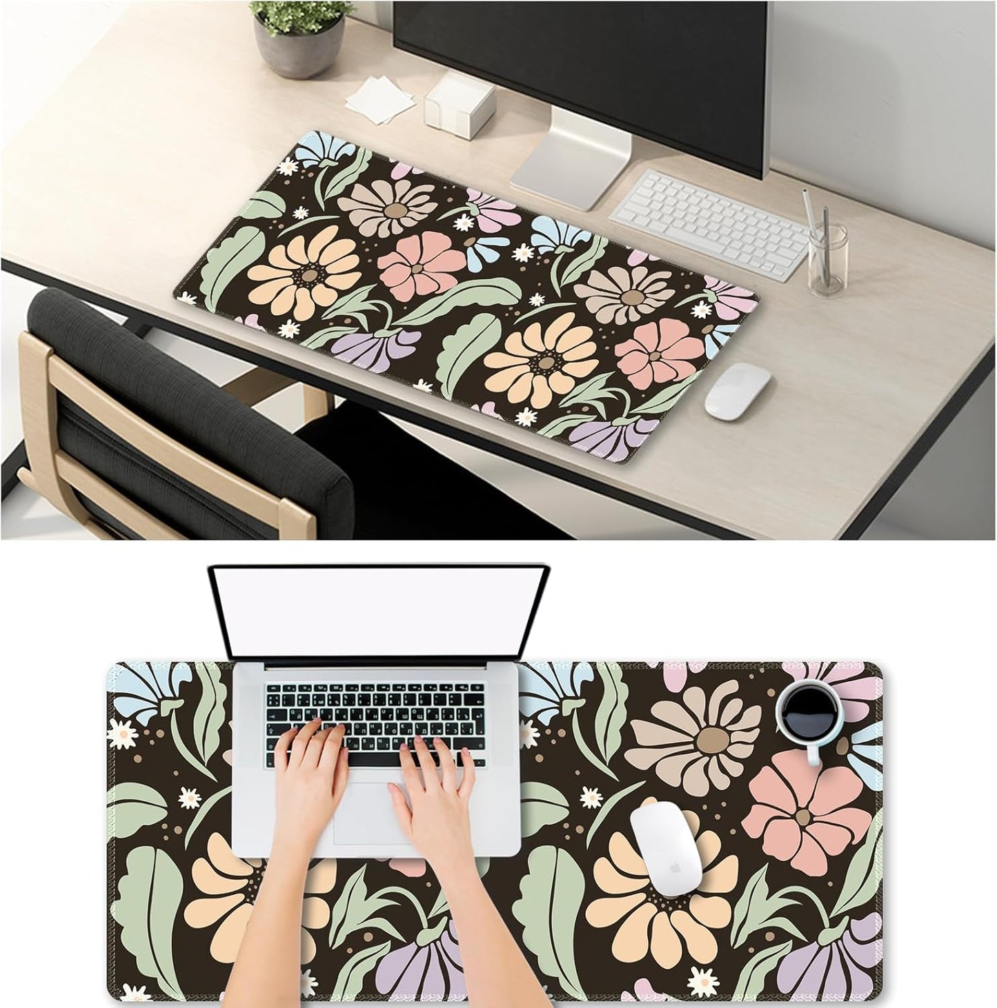 Black Large Desk Mat,Xxl Gaming Mouse Pad,Non Slip Desk Pad with Rubber Base,Floral Extended Keyboard Mat with Stitched Edges for Office Home School