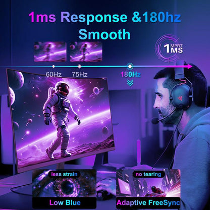 24" Curved Gaming Monitor - 180Hz,1Ms,1920*1080P,Ultra-Thin,Speakers,Low Latency,Eye Protection,Vesa,Perfect for Esports and Competitive Gaming