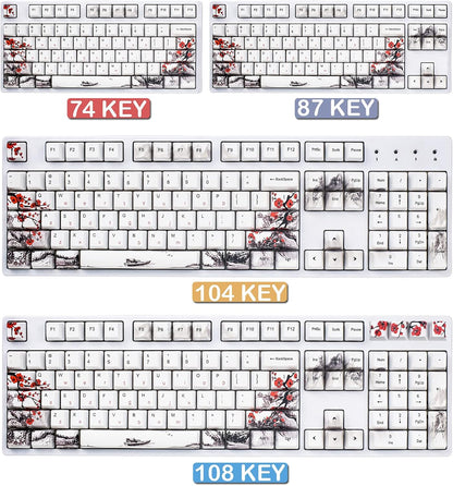 Keycaps 110 Set for Full Size Mechanical Keyboard, Custom PBT OEM Profile Key Caps Japanese Style with Keycap Puller for Cherry MX 104/87/71/61 60 Percent Keyboard(Plum Blossom)