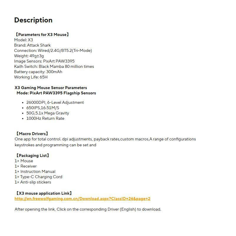 ATTACK SHARK X3 Wireless Gaming Mouse, 26000DPI Gaming Sensor Mouse with Anti-Slip Sticker, Lightweight Gaming Mouse, Rechargeable Computer Mouse