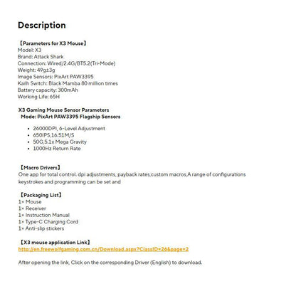 ATTACK SHARK X3 Wireless Gaming Mouse, 26000DPI Gaming Sensor Mouse with Anti-Slip Sticker, Lightweight Gaming Mouse, Rechargeable Computer Mouse